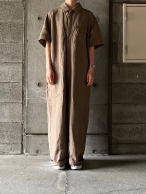 画像1:  TISSU　オリジナルフレンチリネン 半袖比翼オールインワン【TS240PT072】モカ