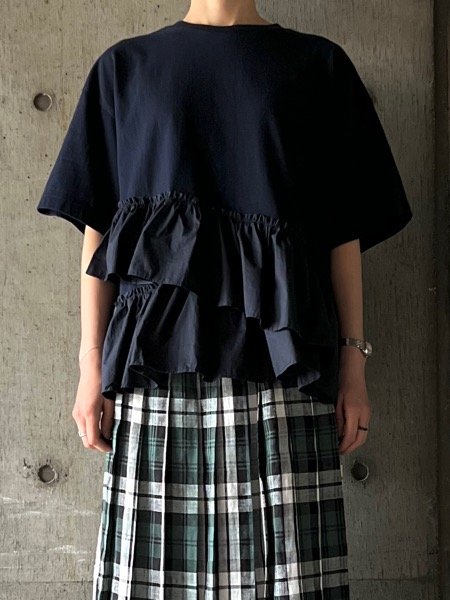 画像1: UNIVERSAL SEVEN　クラシック天竺 アシンメトリーフリルハーフスリーブPO【US251CT003】ネイビー (1)