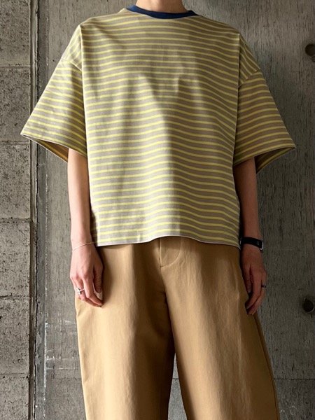 画像1:  atelier naruse　コットンボーダーカットソー（半袖）【na-f07092】beige × yellow (1)