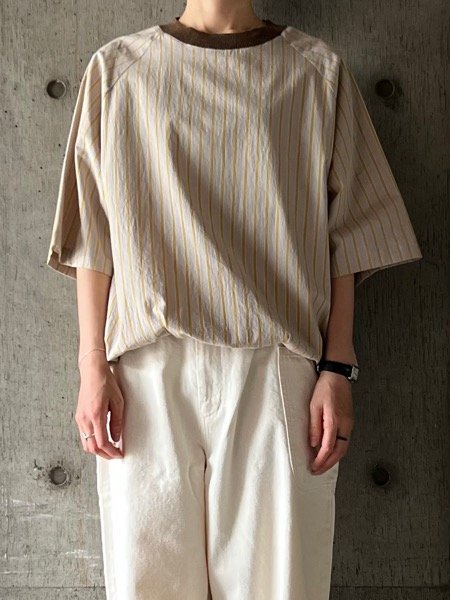 画像1: atelier naruse　コットンリネン裾絞りプルオーバー〜イエローストライプ〜【na-t02078】beige（× brown） (1)