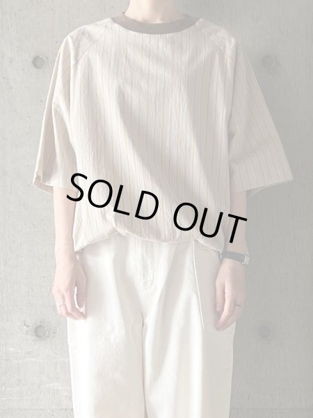 画像1:  ○ atelier naruse　コットンリネン裾絞りプルオーバー〜イエローストライプ〜【na-t02078】beige（× brown） (1)