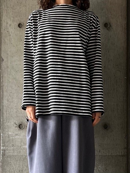 画像1: FIRMUM　キョウテン/微強撚綿天竺ボートネック長袖プルオーバー【SN_FR0907TN】BK BASE×WH BD (1)